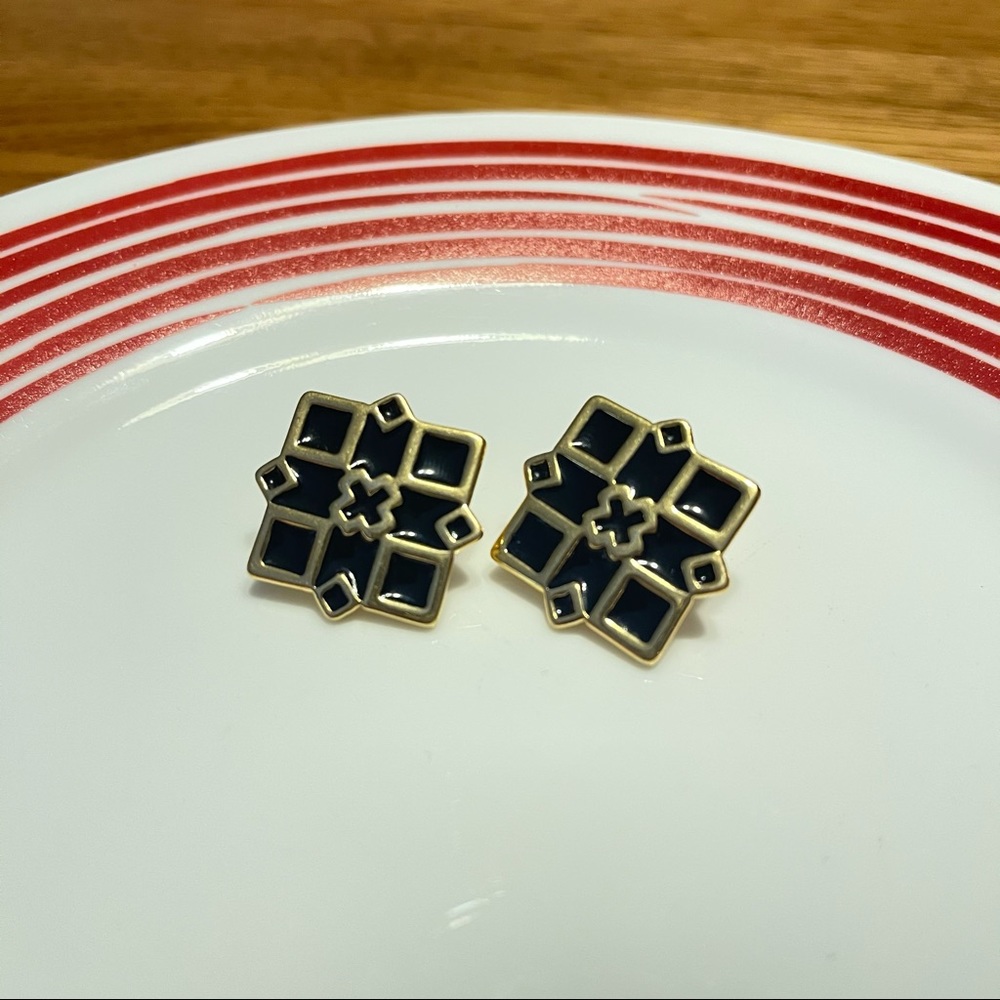 Monet Vintage Gold Black Diamond Square Earrings